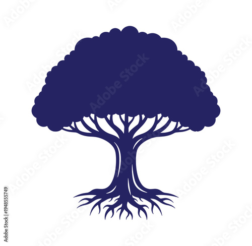 Dark blue tree silhouette with roots and branches on white background