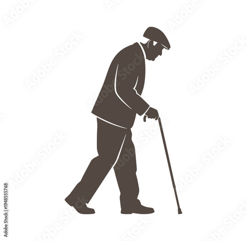 Elderly man walking with cane in suit and hat