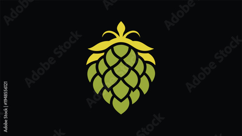 A symmetrical green hop cone with a yellow crown topper and layered leaf scales is centered against a solid flat black background.