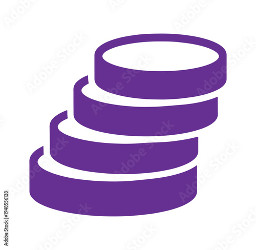 Three purple stacked disks or cylinders in a staggered formation  geometric shapes