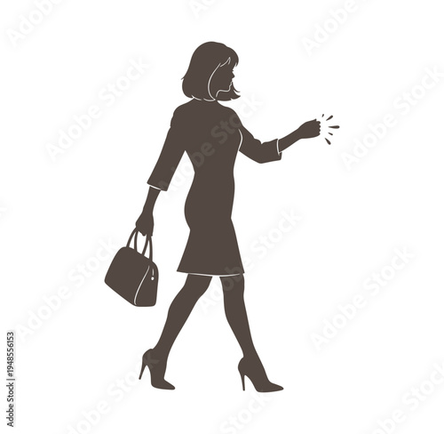woman in business attire walking and holding a handbag in her right hand