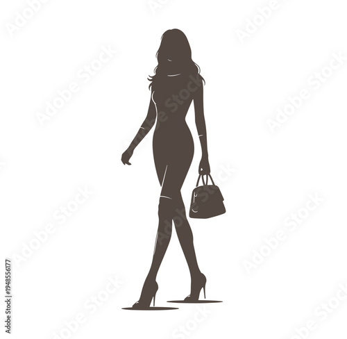 woman in dress walking with handbag isolated on white background
