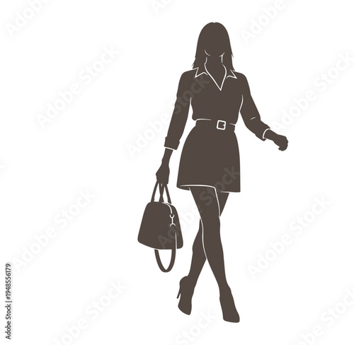 woman in business attire walking with handbag isolated on white background