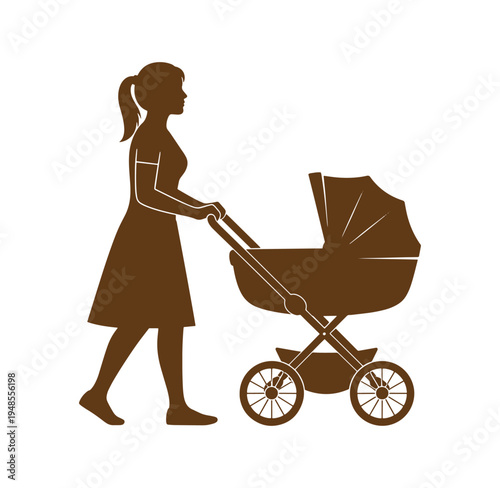 woman pushing baby stroller in brown silhouette on white background