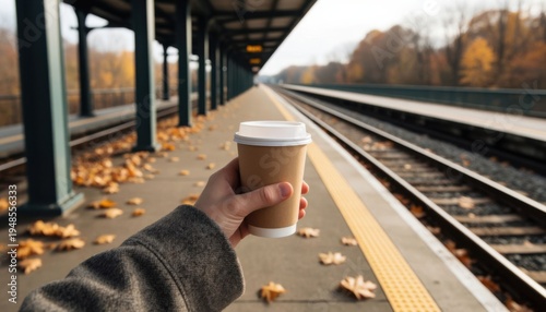 Person holding takeaway coffee cup at autumn train station platform with falling leaves and warm sunlight