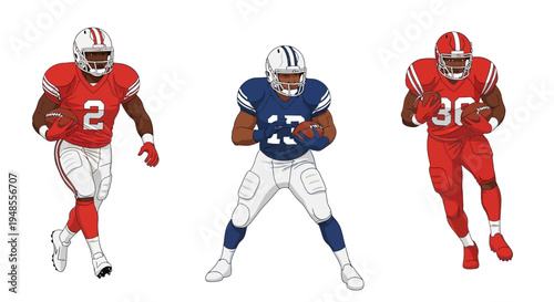 Dynamic illustration of three diverse American football players in action poses, wearing red and blue uniforms, perfect for sports design and game graphics.