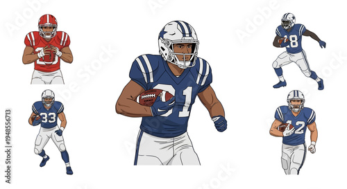 Dynamic vector illustrations of diverse American football players in action, showcasing athletes in various poses, running, holding the ball, wearing uniforms and helmets, representing competitive