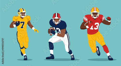 Dynamic Vector Illustration of Three Diverse American Football Players in Action, Ready to Compete on the Field.