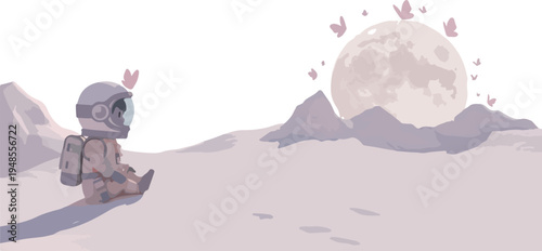 Astronaut Sits On Moon With Butterflies And Full Moon Background