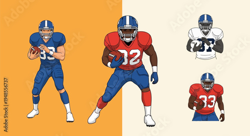 Dynamic vector illustration of American football players in action, including a quarterback preparing to pass and a running back carrying the ball, for sports.