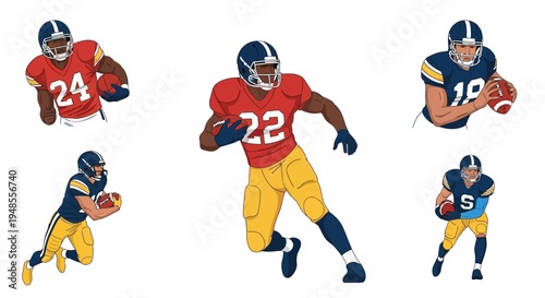 Set of Dynamic American Football Players in Action, Featuring Diverse Athletes Running, Catching, and Holding the Ball in Various Team Uniforms