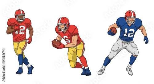 Vector illustration set of three diverse American football players in action poses, wearing helmets and uniforms, ready to play a game.