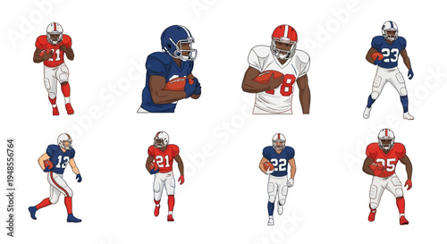 Collection of diverse American football players in action poses, running and holding the ball, wearing different team uniforms. Vector illustration set for sports design.