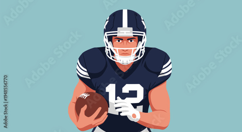Determined American football player in dark blue uniform with helmet and number 12, holding a football. Flat vector illustration of a male athlete ready to play.