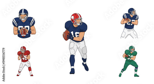 American Football Players in Uniforms, Ready to Play and Throw the Ball, Diverse Poses and Colors