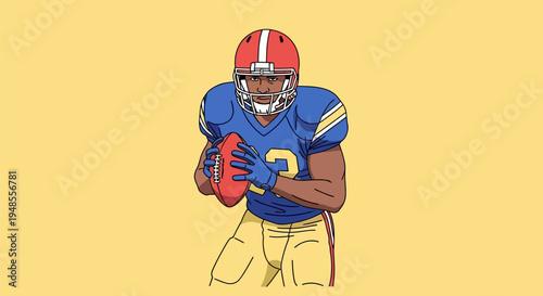 American football player in uniform holding a football, ready to throw, isolated on a yellow background, cartoon style