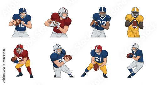Set of eight American football players in different uniforms and poses, isolated on white background