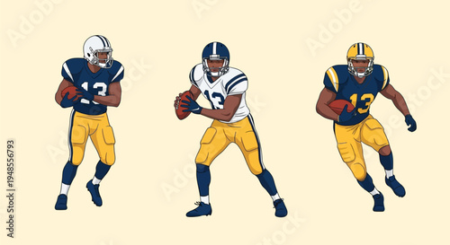 Three American football players in uniform, isolated on a light background, showing different poses and actions during a game.