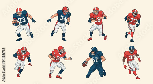 Set of American football players in action poses, diverse positions, cartoon style illustration
