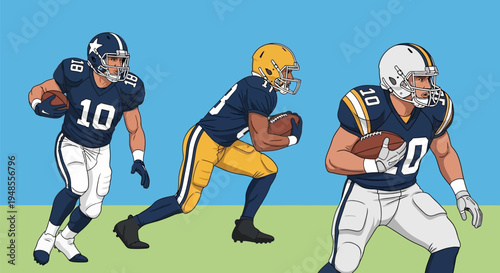 Three American football players in uniform running with the ball on a green field under a blue sky