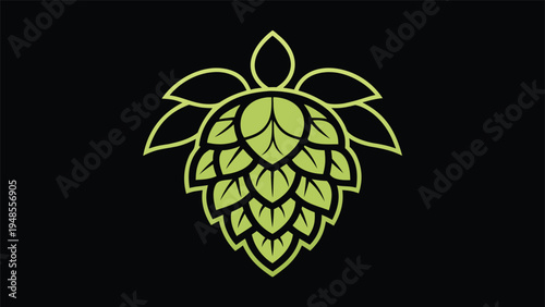 A vibrant green hop cone with bold black outlines and flared top leaves is presented as a symmetrical vector graphic on a black background.