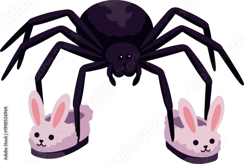 Black Spider Wearing Pink Bunny Slippers Isolated White Background