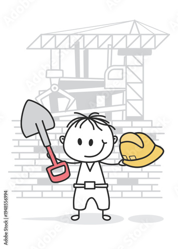 Cartoon Construction Worker Holding Shovel and Hardhat - Builder Stickman Character Vector