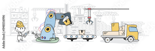 Cartoon Factory Production Line with Robot Arm Conveyor and Delivery Truck - Industry 4.0 Vector Banner