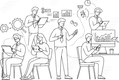 Business Meeting Teamwork Strategy and Data Analysis Vector Illustration