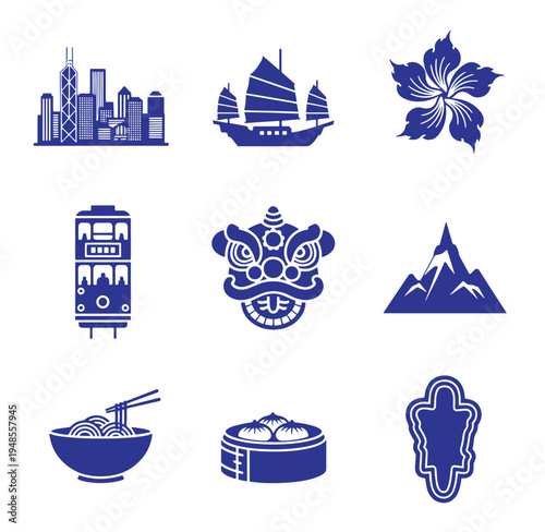 Hong Kong icons including cityscape ship hibiscus flower double decker bus lion dance mountains noodle bowl steamer bun silhouette isolated on white background