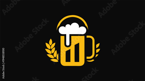 Yellow beer mug logo with white foam and wheat sprig on a solid black background.