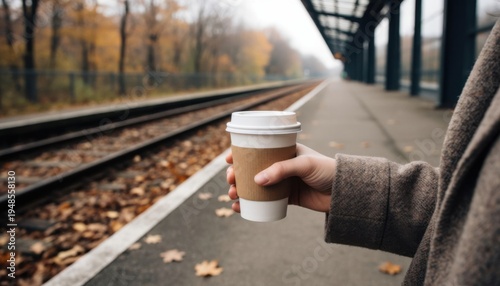 Person holding takeaway coffee cup on train platform during autumn morning with warm sunlight and falling leaves
