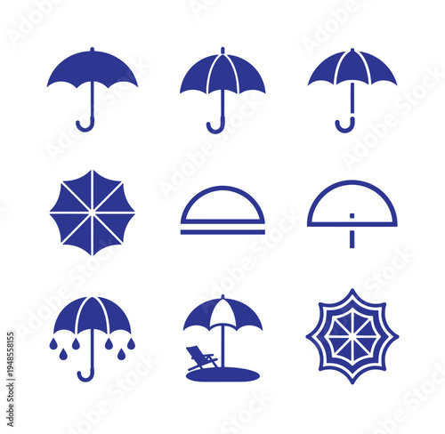 Umbrella icons in various styles and uses for protection and shelter from rain or sun    outdoor and accessory symbols