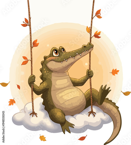 Cute Cartoon Alligator Swinging on Cloud with Autumn Leaves and Warm Sunlight