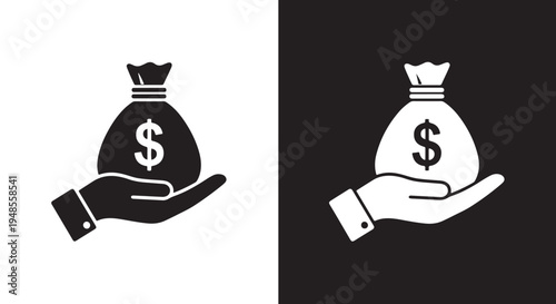 Money Bag Icon Hand Presentation - Line icon set - Glyph icon - Minimalist, flat icon, outline, glyph, linear, clipart, sticker collection