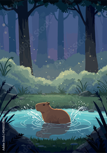 Capybara Splashing Water Forest Night Dark Blue Green Low Poly Pixel Art