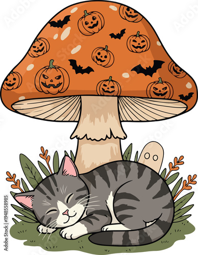 Cute Cat Sleeps Under Halloween Mushroom Pumpkin Patch Bat Icons Autumn