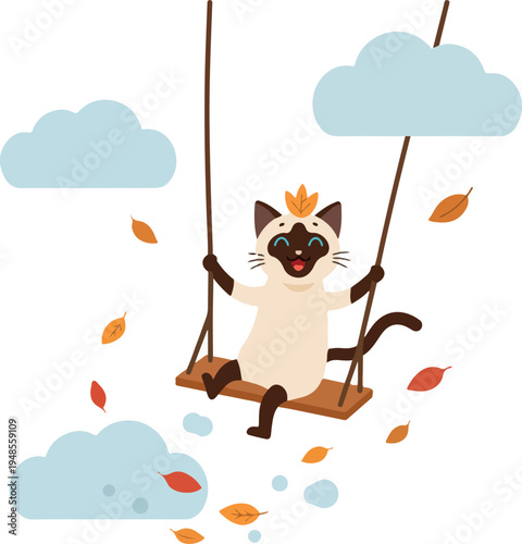 Cute Cat Swinging Among Autumn Leaves and Clouds Simple Vector Illustration