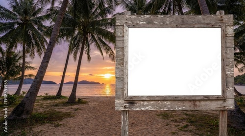 Tropical beach sign at sunset.