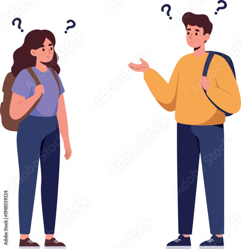 Confused Students Asking Questions On White Background Flat Design