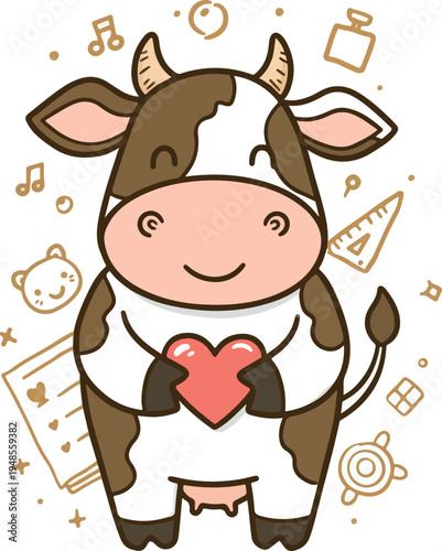 Cute Cow Holding Heart Illustration with Doodles
