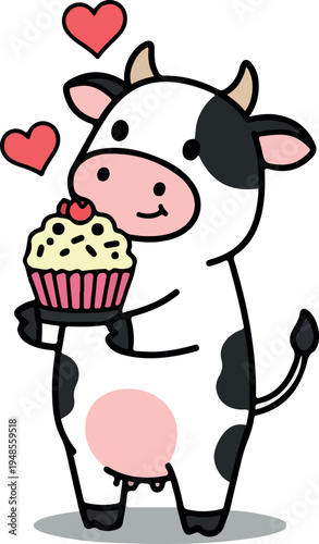 Cute Cow Vector Illustration with Cupcake and Hearts
