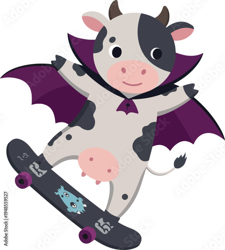 Cute Cow Skater in Dracula Cape with Bat Wings Purple and Black