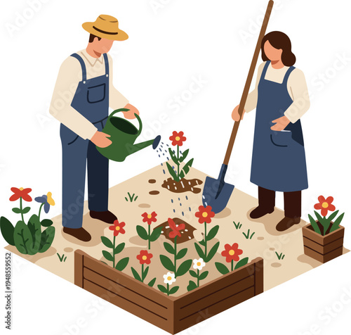 Couple Gardening Watering Flowers in Raised Beds Flat Design