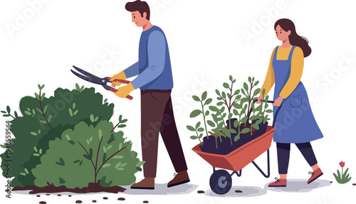 Couple Gardening Pruning Bush Planting In Wheelbarrow Light Casual Outfits