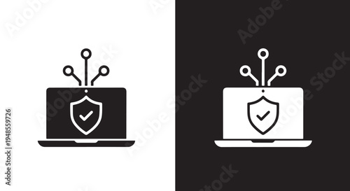 Laptop Security Shield Icon - Line icon set - Glyph icon - Minimalist, flat icon, outline, glyph, linear, clipart, sticker collection