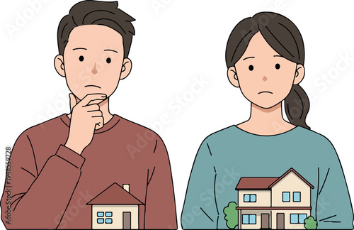 Couple Thinking About Buying Houses Minimalist Illustration Vector