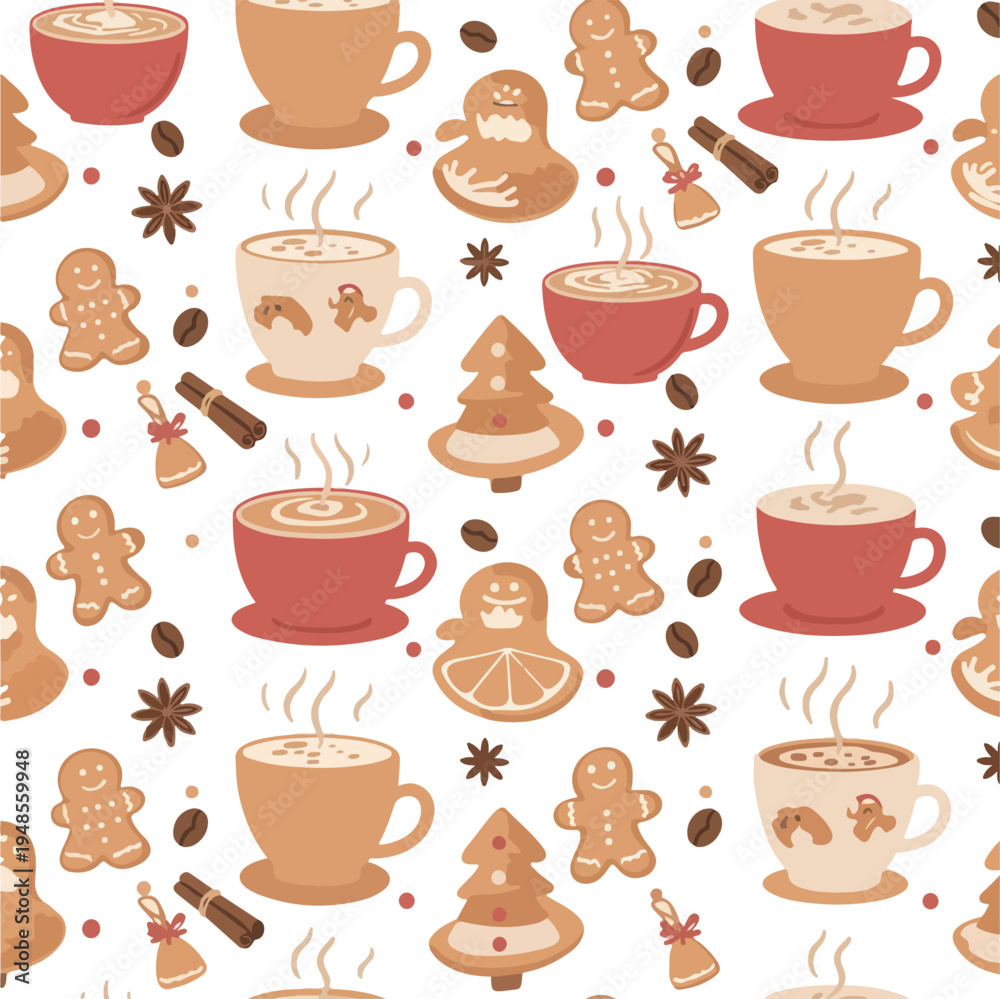 Obraz premium Cozy Christmas Coffee Cup Pattern with Gingerbread Cookies and Steam