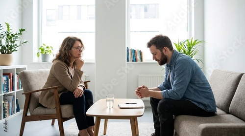 Man and woman in a bright living room sit facing each other, serious and reflective, suggesting counseling or a difficult conversation, suitable for mental health and relationship themes