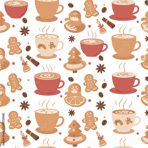 Cozy Christmas Coffee Cup Pattern with Gingerbread Cookies and Steam